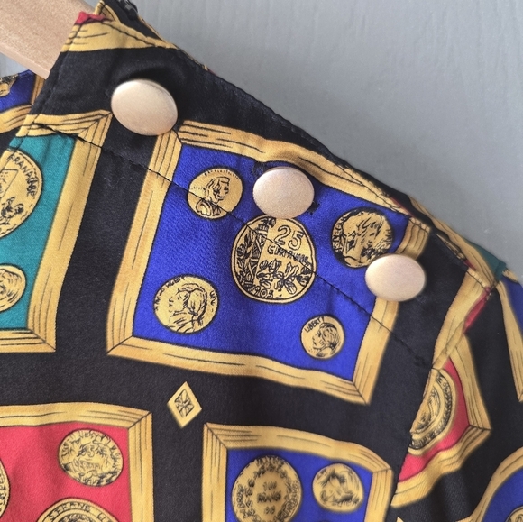 Talbots Vintage 100% Silk Blouse Sz 6 Roman Coins Francs Gold Buttons Boho Artsy - Picture 5 of 12